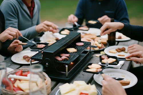 a group of people eating at a campground picnic table using a raclette as an example of RV kitchen appliances
